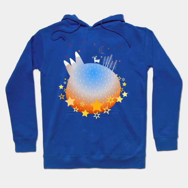 "Home Planet" in orange, blue, and white with a ring of yellow stars - a whimsical world Hoodie by AtlasMirabilis